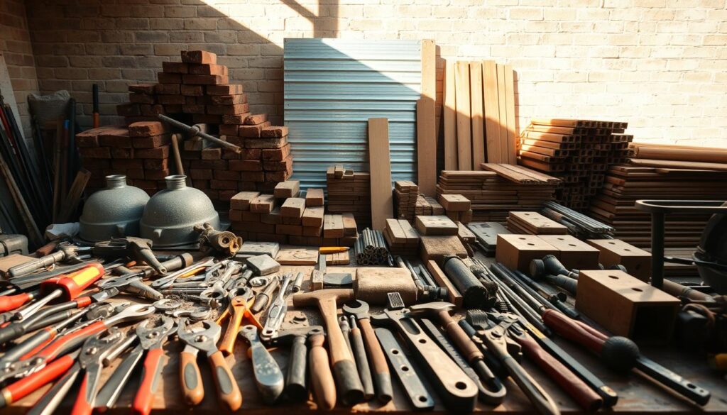 Materialien und Werkzeuge für Gartengrill