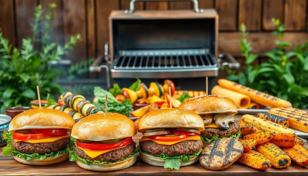 Vegetarische Burger und Grillspieße