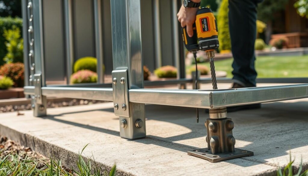 Verankerung eines Metall Gartenhauses Verankerung eines Metall Gartenhauses