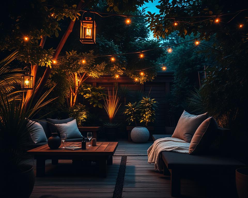 Stimmungsvolle Loungebeleuchtung im Garten Stimmungsvolle Loungebeleuchtung im Garten