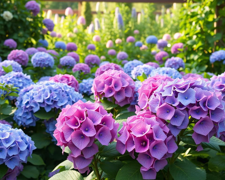 Verschiedene Hortensiensorten im Garten